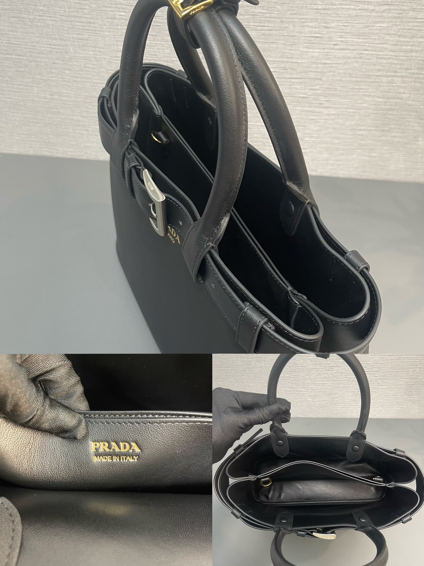 Prada Medium Buckle Leather Handbag Shoulder Bag With Belt Black 1BA417